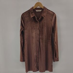 Rokoko By Dazz Size Medium Rose Color Velour Button Down Blouse Long Sleeve